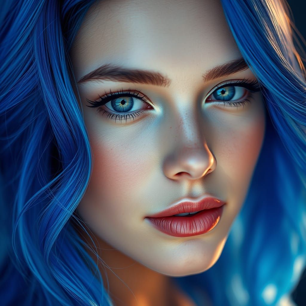 Ultra-Realistic Portrait of Woman with Glowing Blue Hair