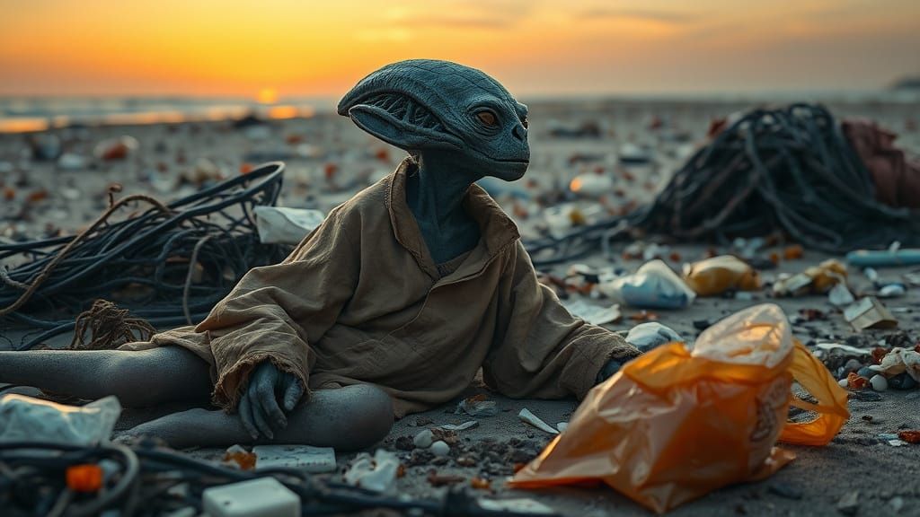Weary Alien on Polluted Beach: Dystopian Landscape