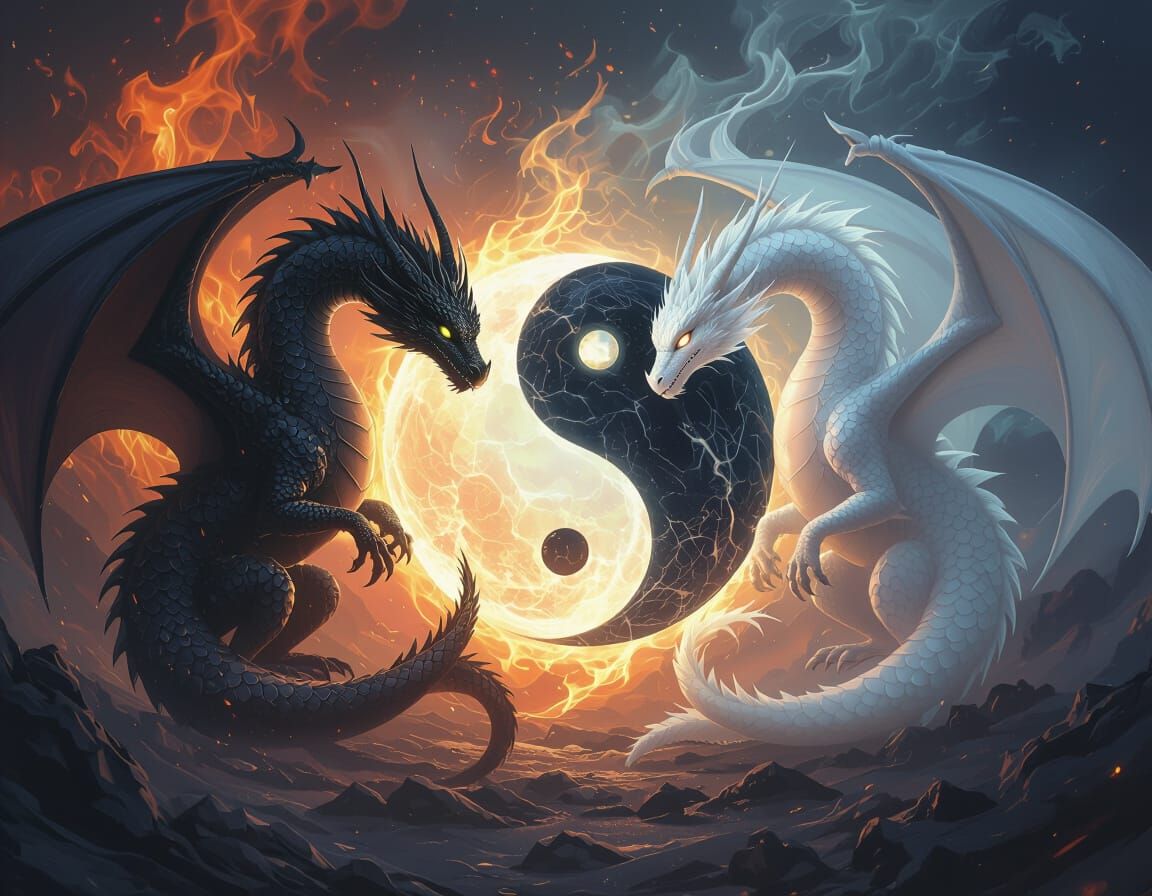 Dragons Circle Yin-Yang Orb in Cinematic Style