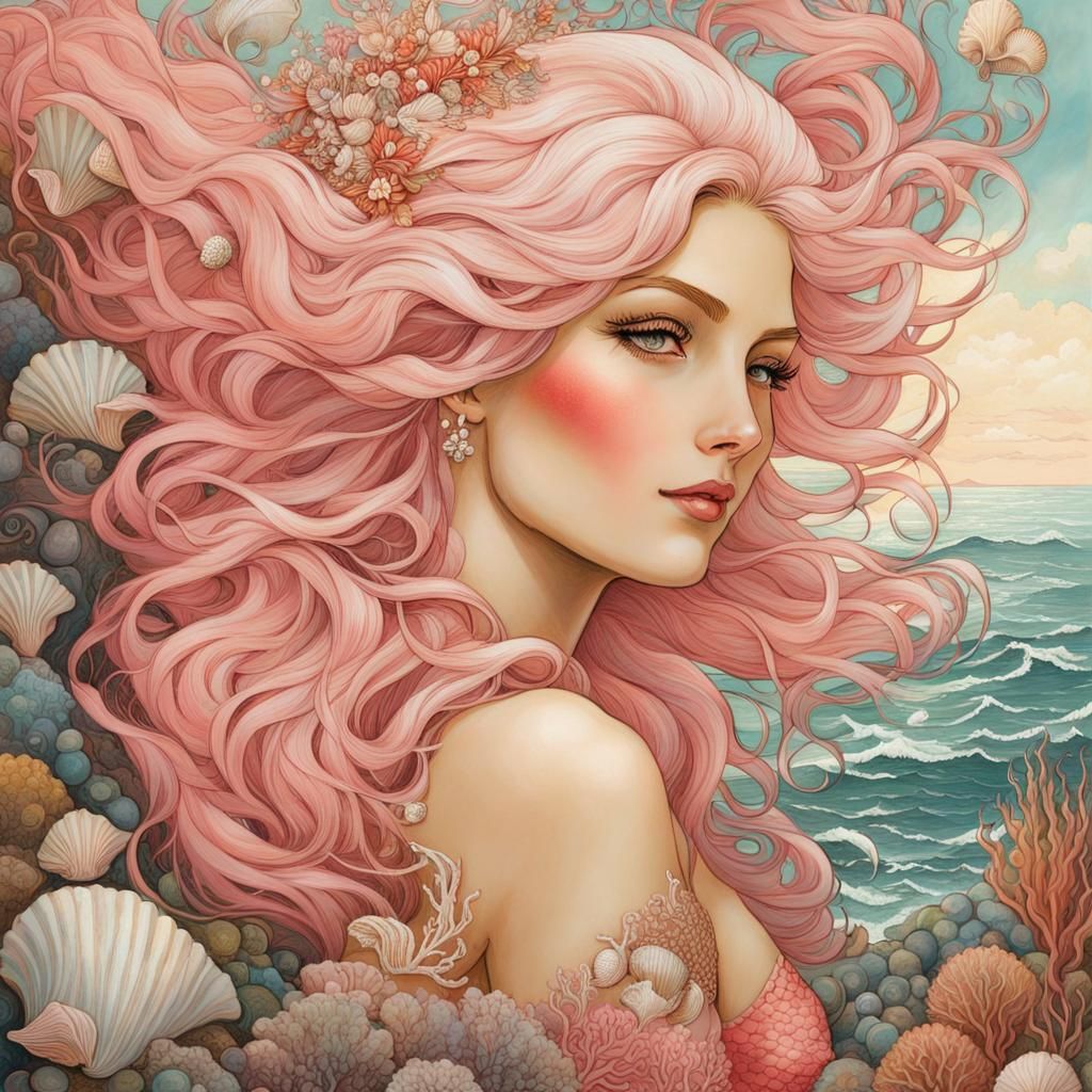Coral Pink Mermaid with Seashell Hair, Painterly Style