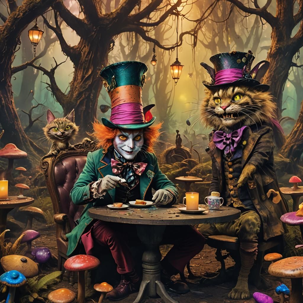 Mad Hatter and Cheshire Cat in Fantasy Forest