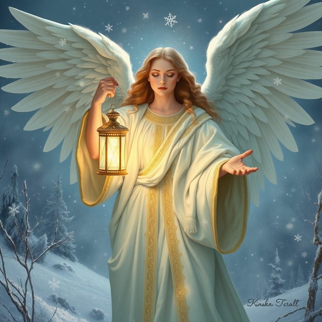 Angel of Hope Radiates Soft Light in Frosty Wilderness
