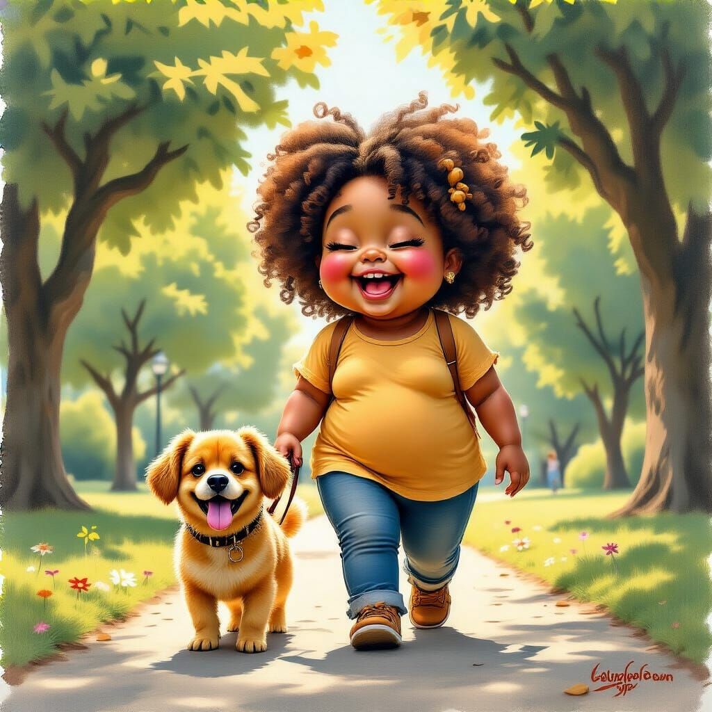 Joyful Black Girl Walks Dog in Park, Vibrant Oil Gouache Sty...