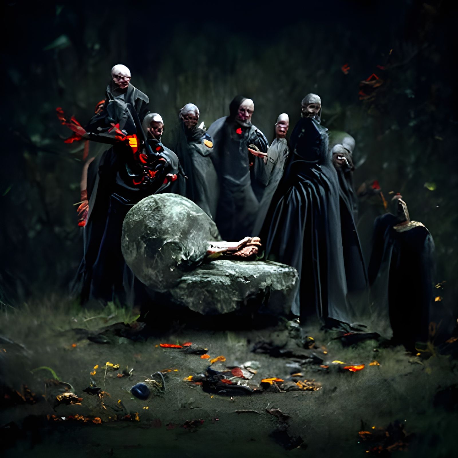 Witches' Circle Ritual in Dark Forest, Matte Painting