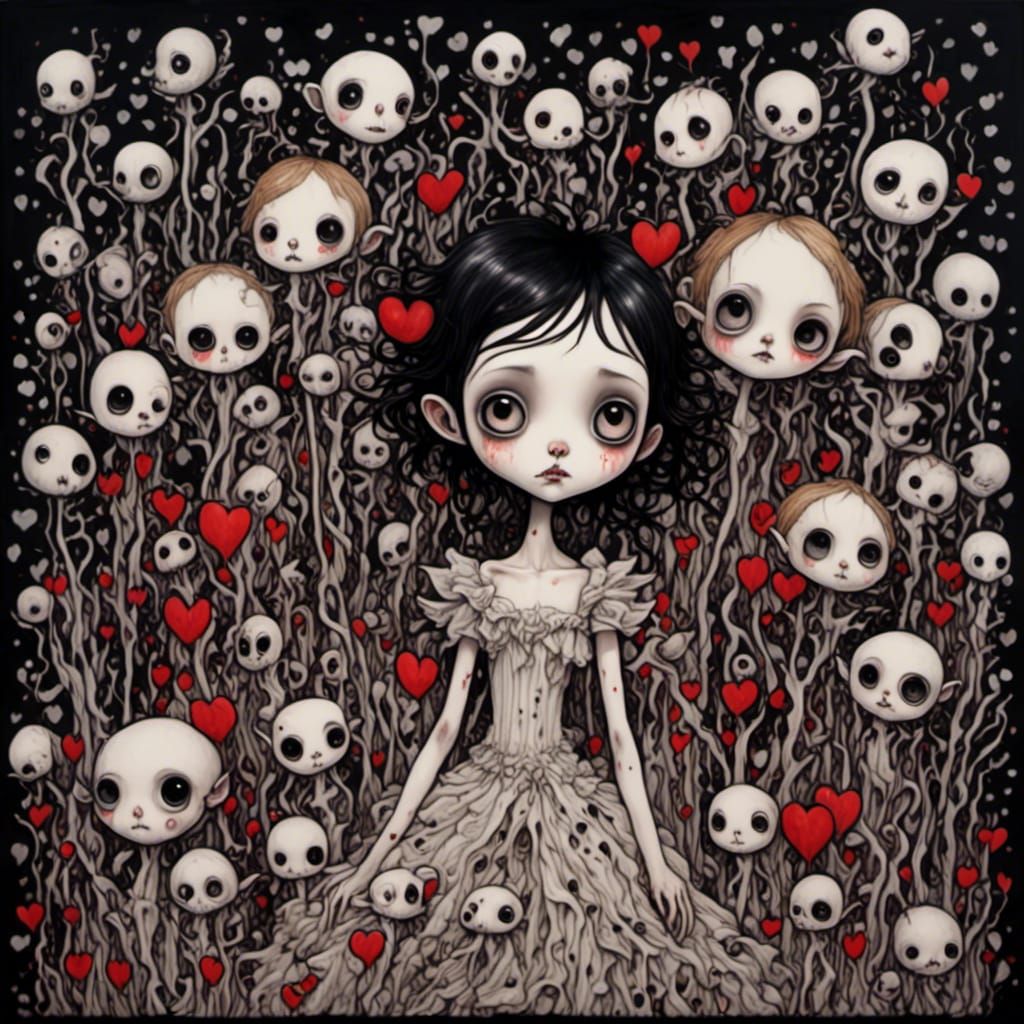 Gothic Girl Surrounded by Ghosts in Tim Burton Style