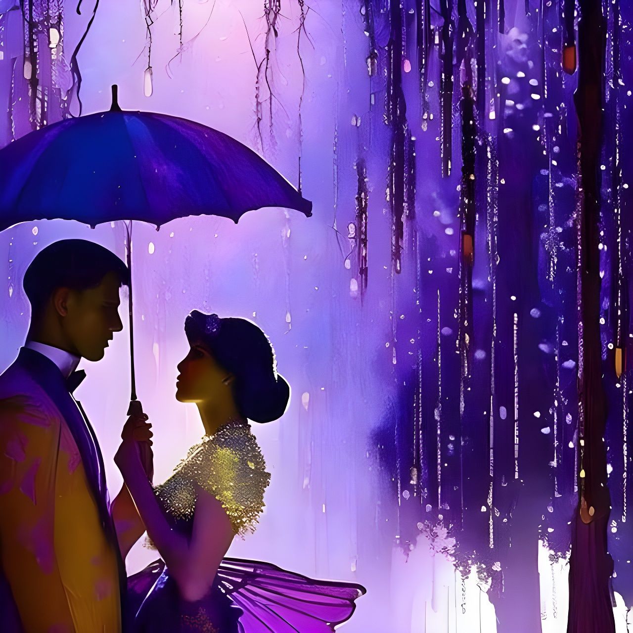Stained Glass Couple in Purple Forest Rain
