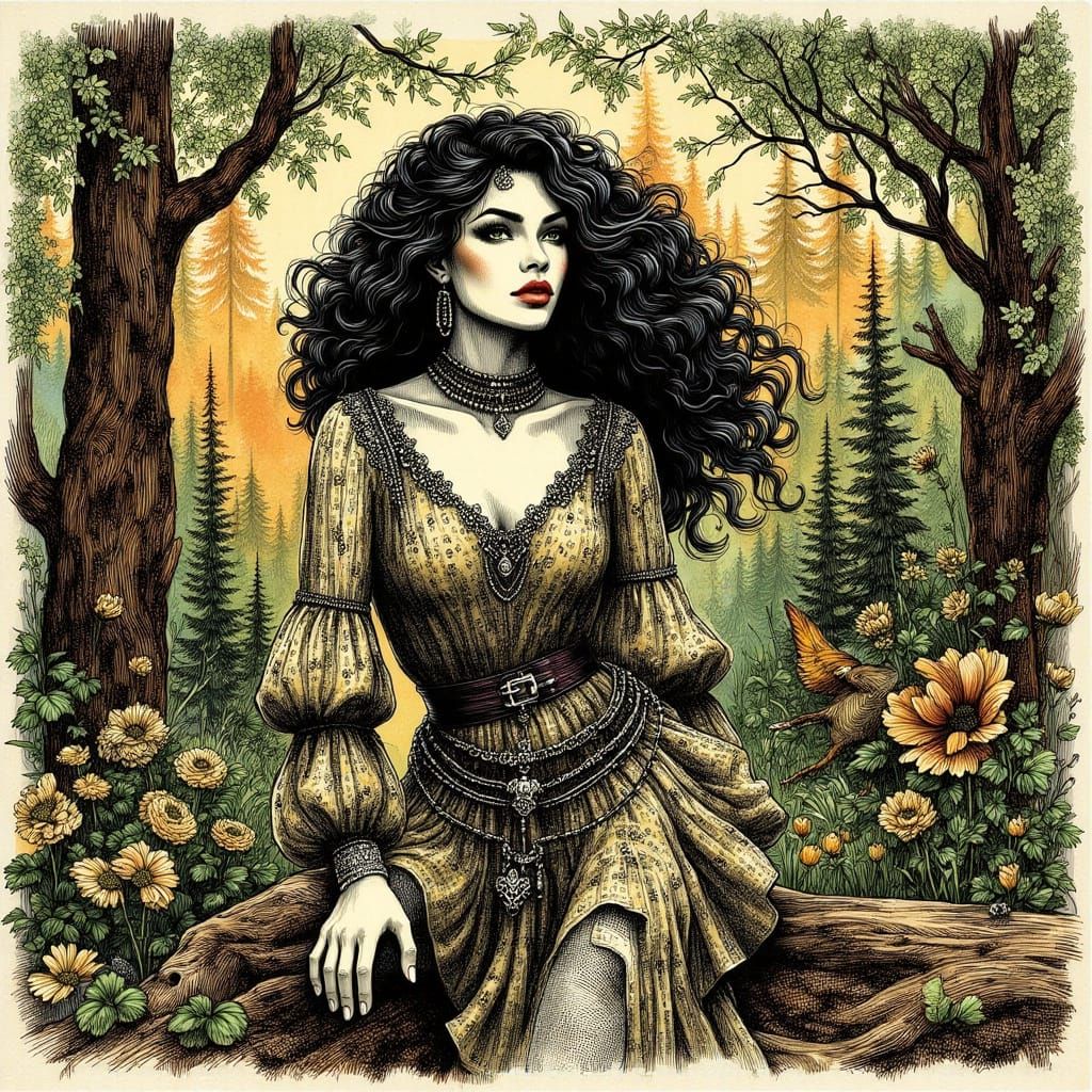 Mystical Forest Ink Drawing in the Style of Pablo Jurado Rui...