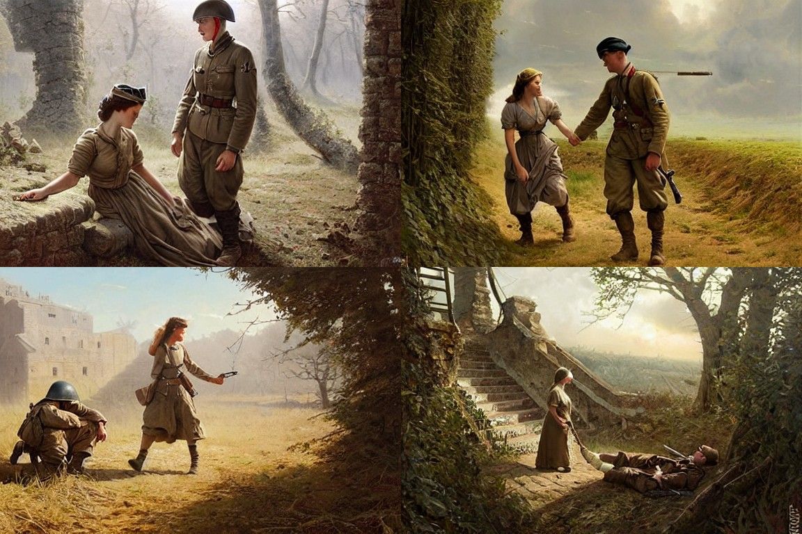 WWII Nurse on Battlefield, Detailed Matte Painting