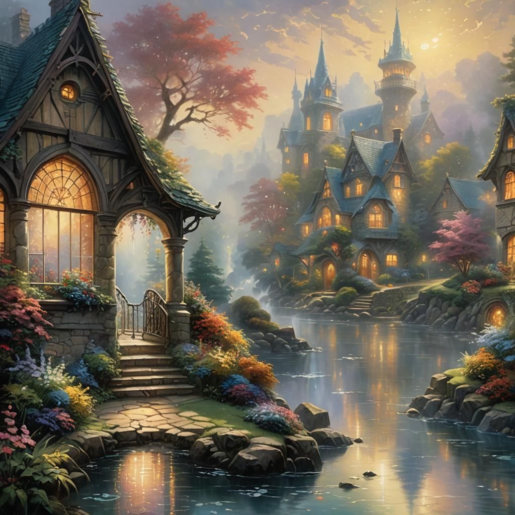 Ethereal Village in Sunlight: Fantasy Art by Kinkade