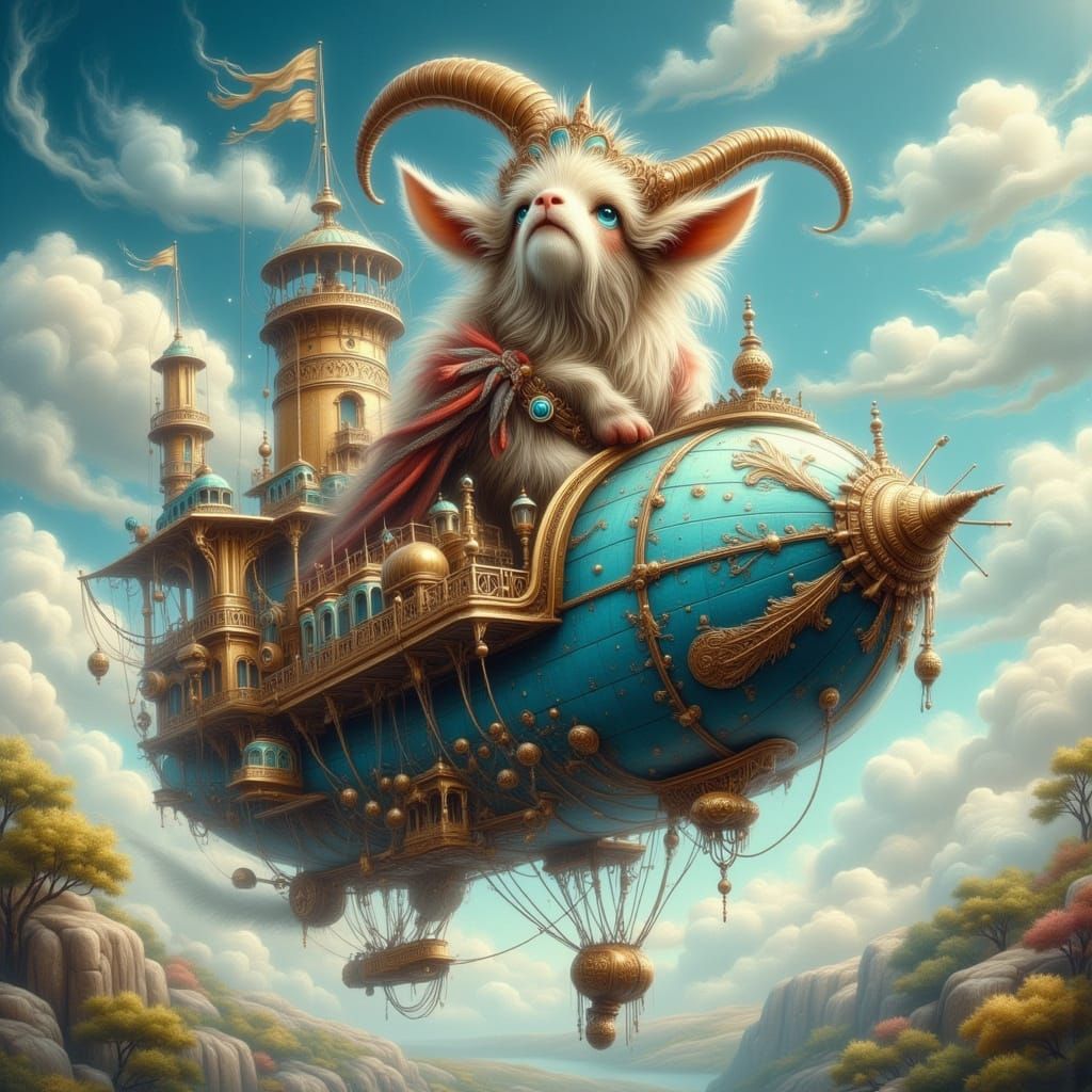Wily Goat Pilots Steampunk Airship Through Blue Skies