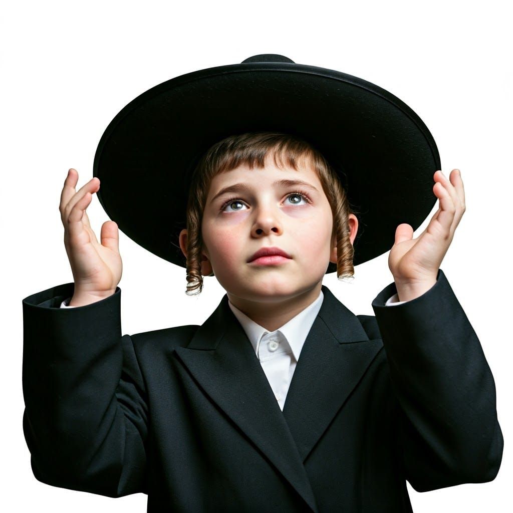 Contemplative Young Hasidic Boy Raises Hands in Prayer