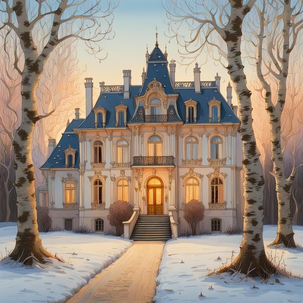 Rococo Manor Among Winter Birch Trees