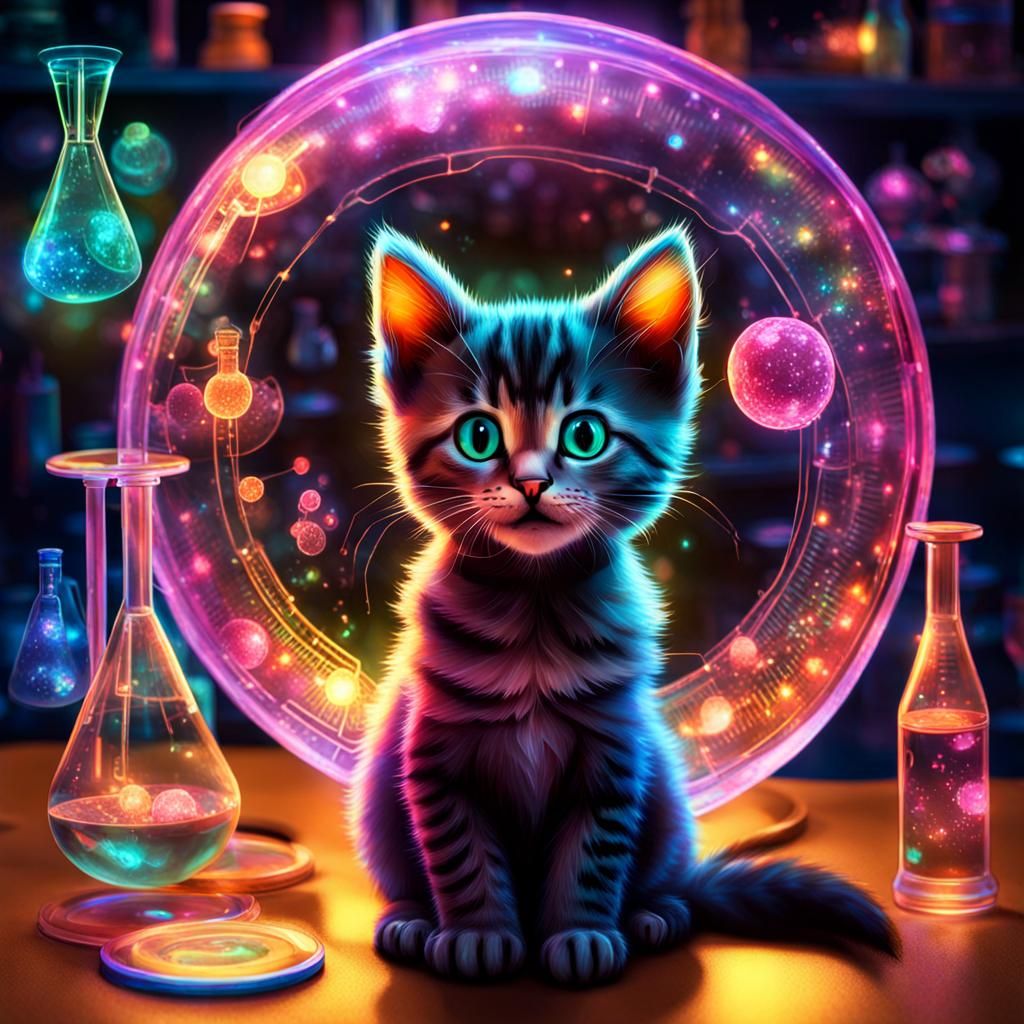 Holographic Kitten in Biology Lab: AI Generated