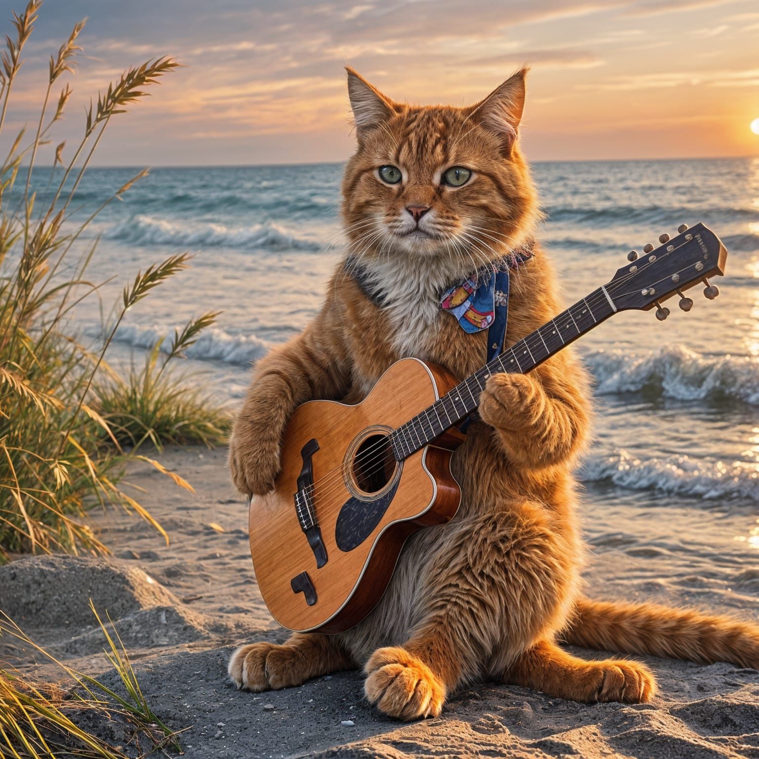 Orange Cat Plays Guitar at Sunset