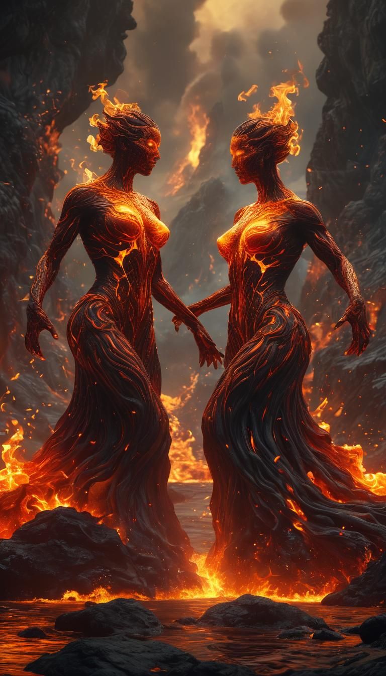Fire Elementals Waltz in Fiery Landscape: Digital Matte Pain...