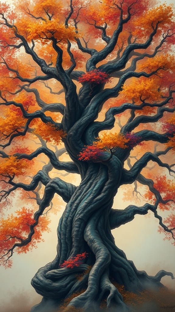 Rainbow Autumn Tree in Whimsical Style