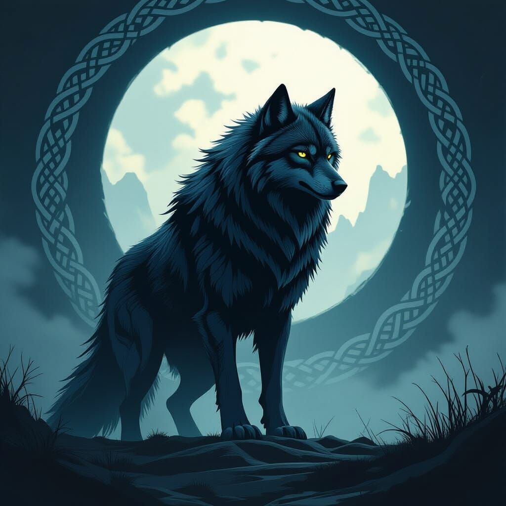 Fenrir in Cyberpunk Norse Mythology Style