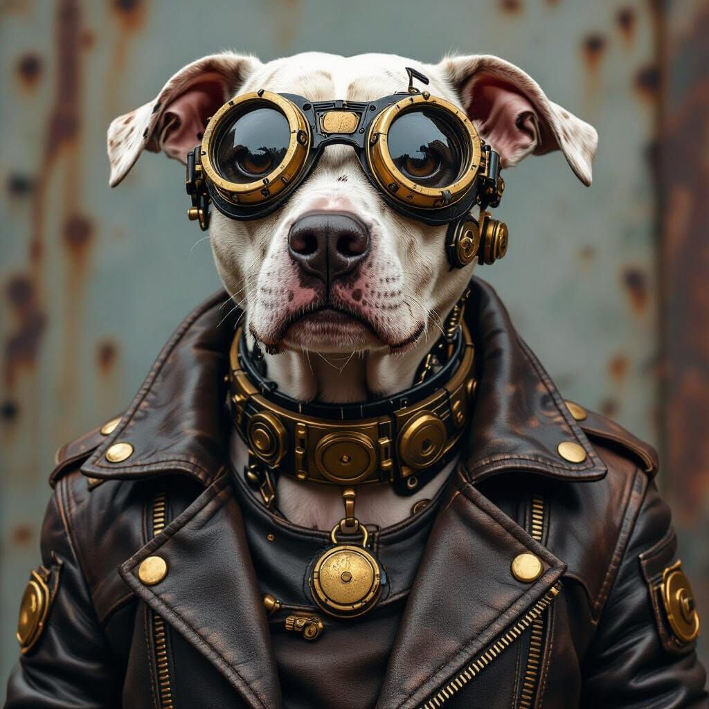 Steampunk Dog with Goggles and Metallic Prosthetics