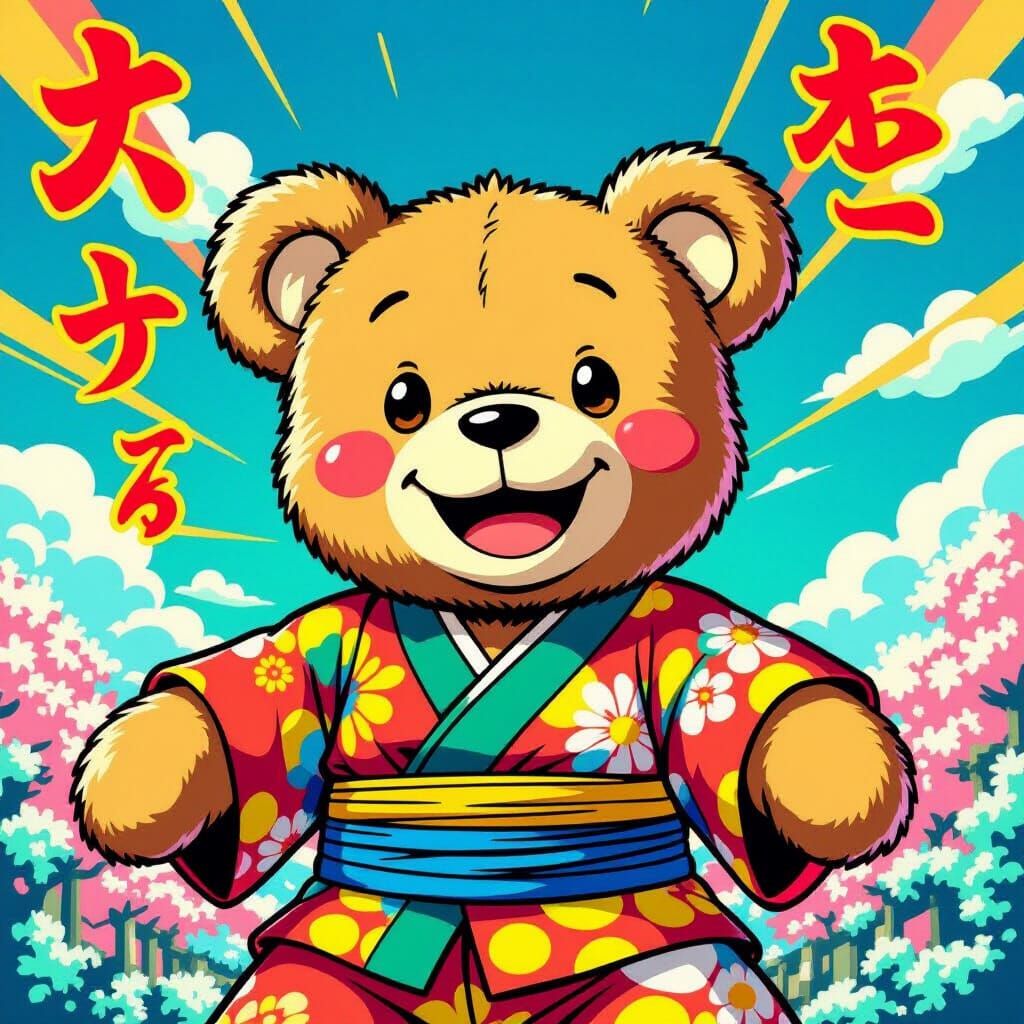 Manga-Style Teddy Bear with Japanese Background