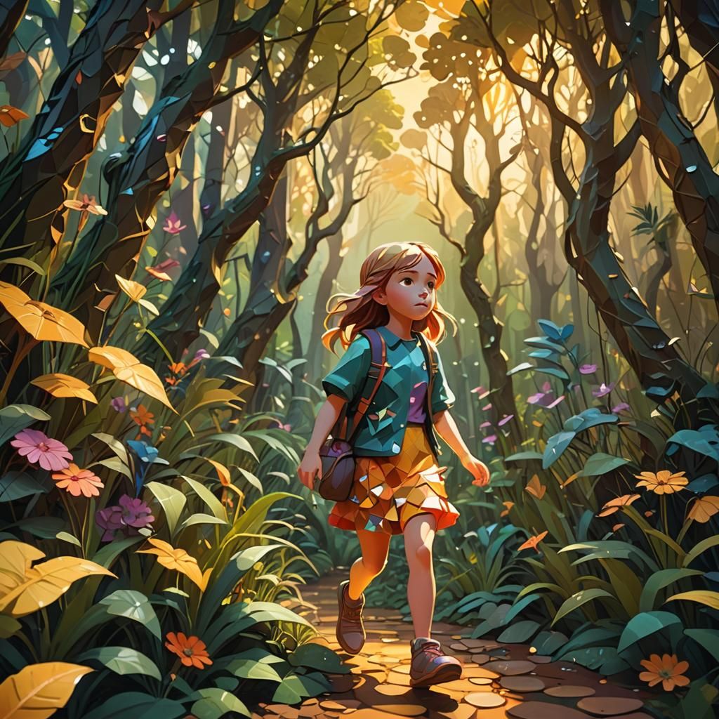 Little Girl in Forest: Low Poly 3D Bas-Relief