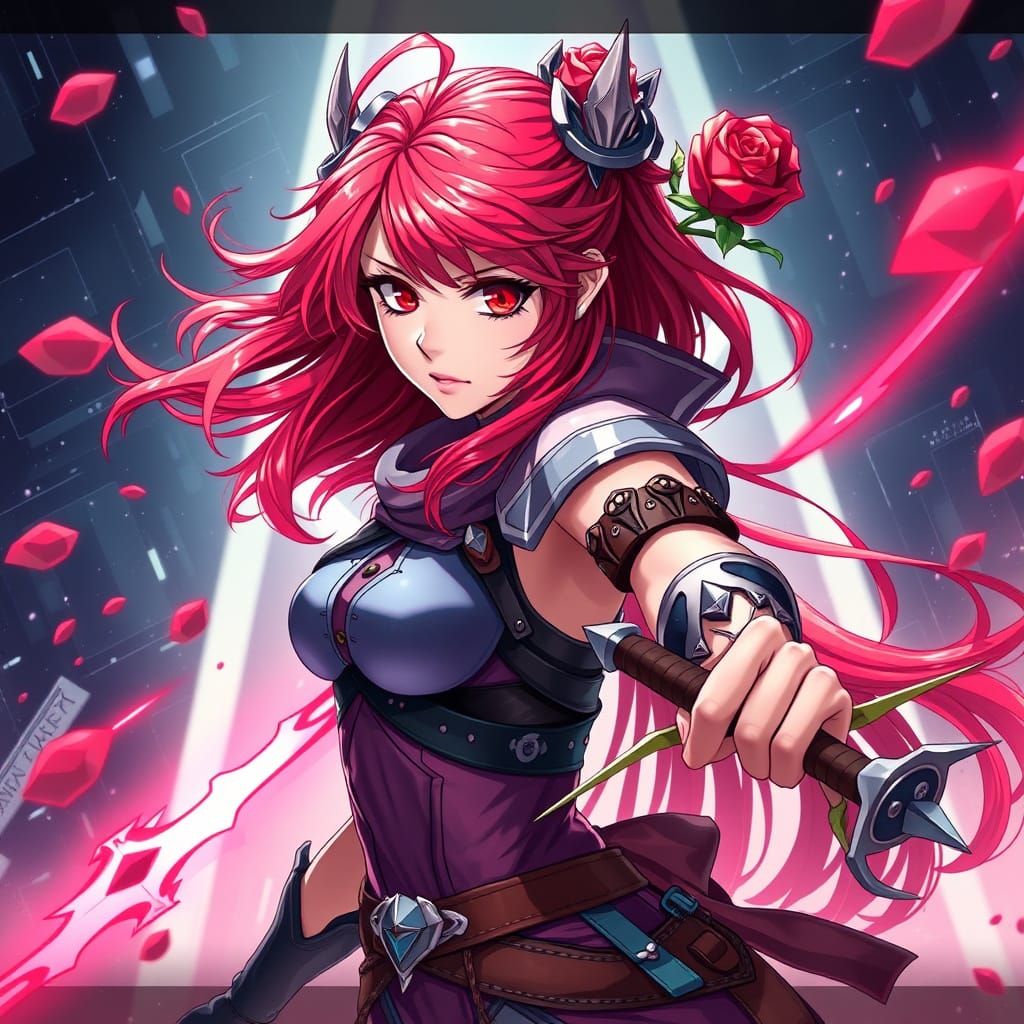 Vibrant Red-Haired Warrior in Futuristic Anime Setting