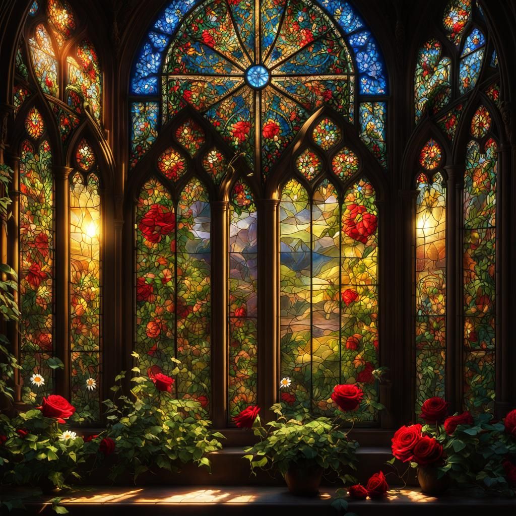 Detailed Stained Glass Window with Floral Design