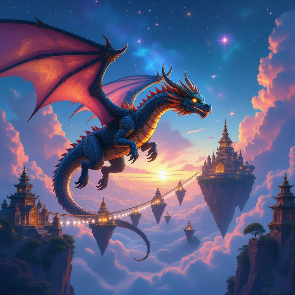 Clockwork Dragon Soaring Through Nebula with Floating Island...