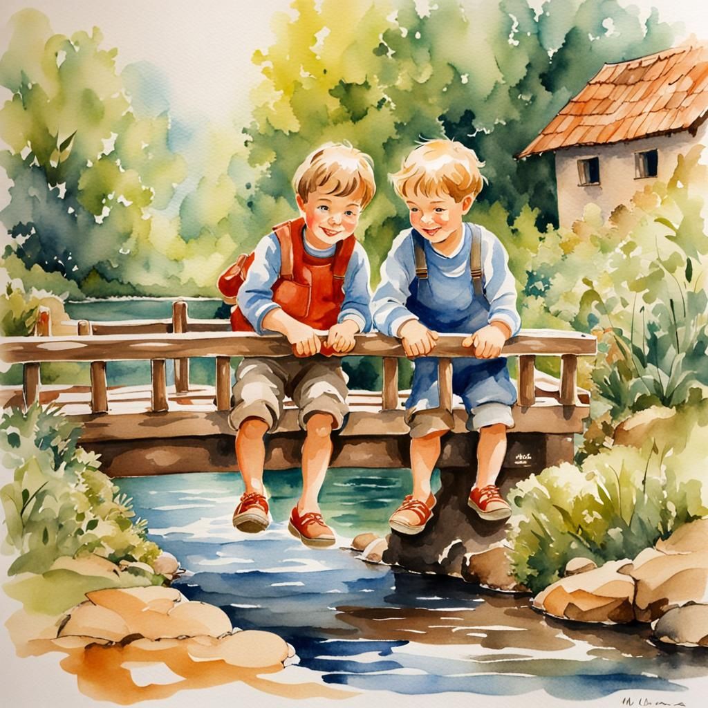 Boys on Bridge in Watercolor Style