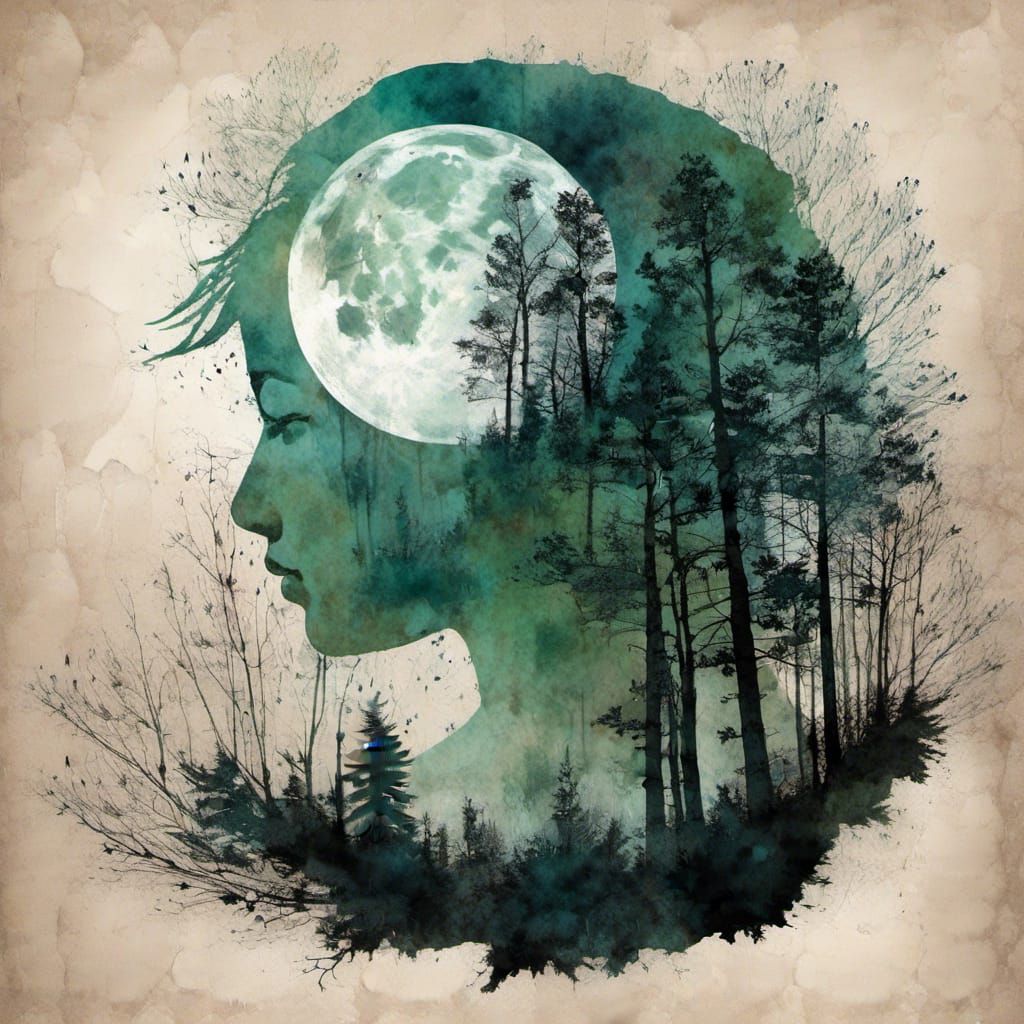 Surreal Forest Head Moon Double Exposure Splash Art