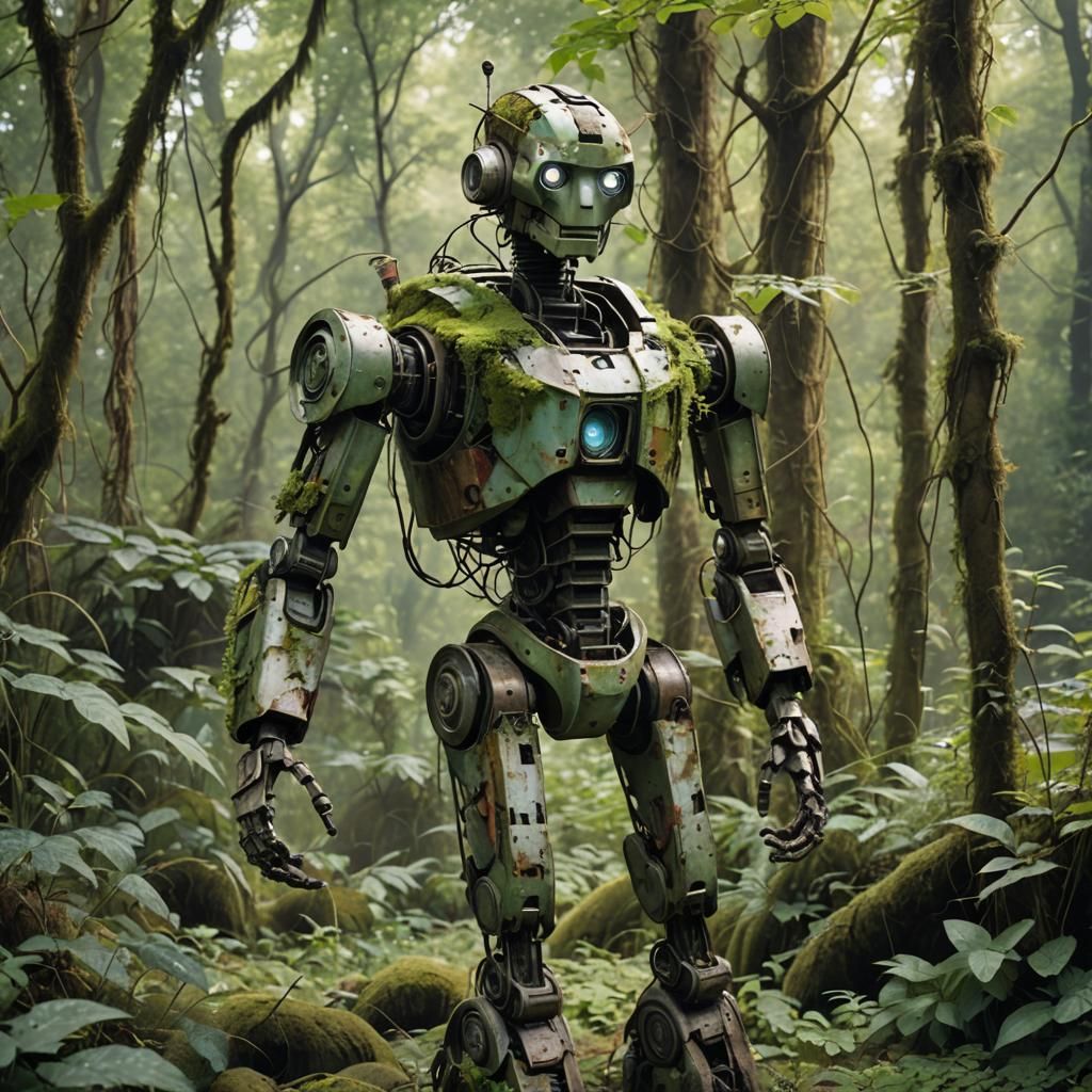 Nature Reclaims a Weathered Robot Relic