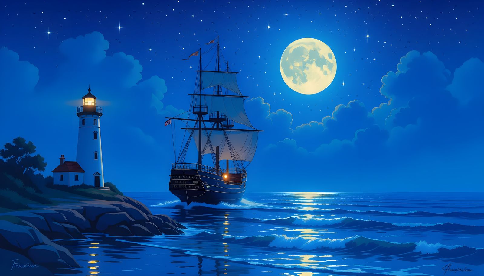 Ship Sails Under Starry Sky with Lighthouse