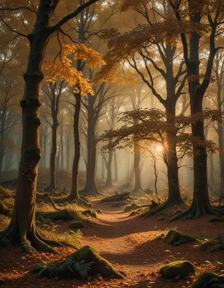 Ethereal Autumn Forest at Dusk Digital Matte Painting