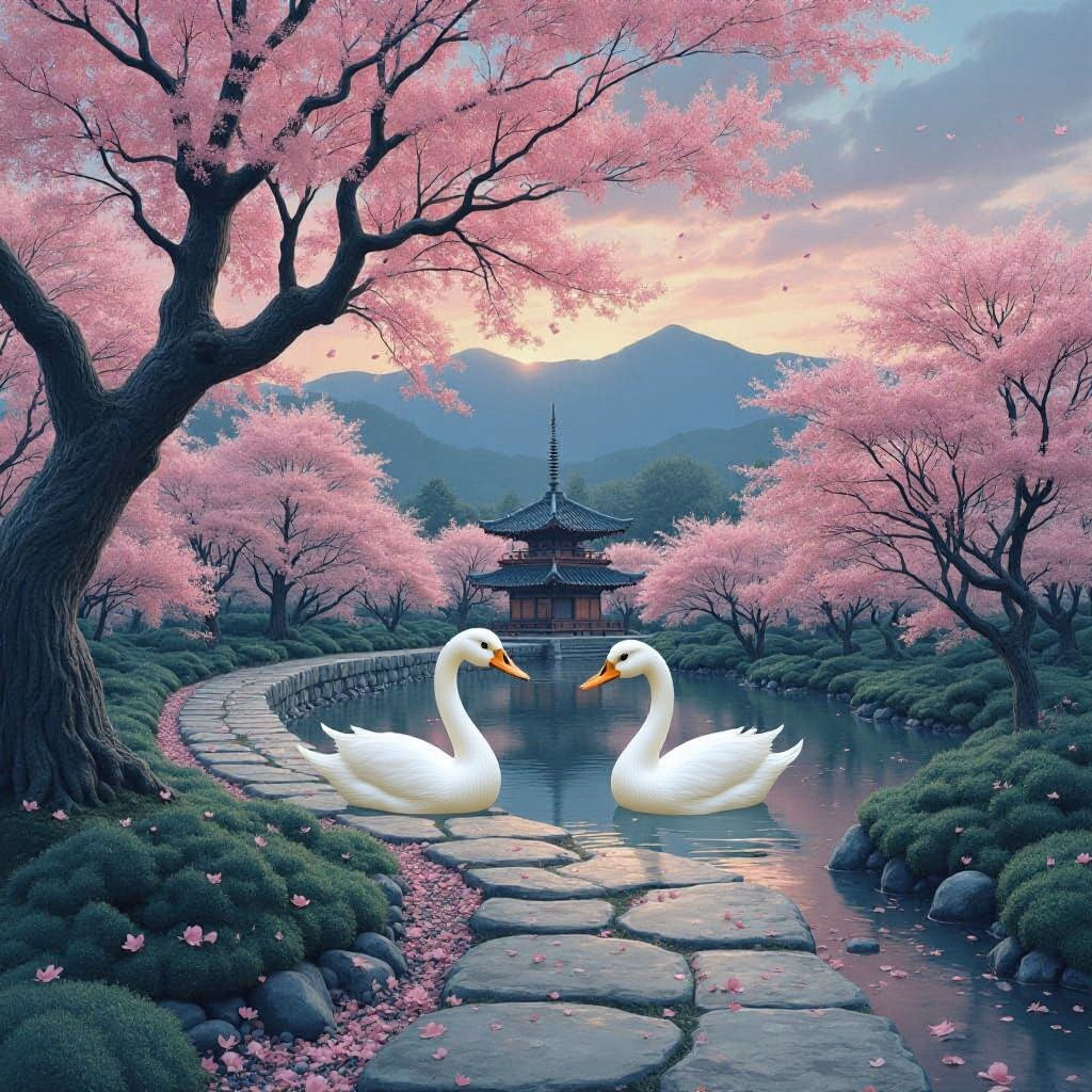 Japanese Garden at Twilight in Woodblock Print Style