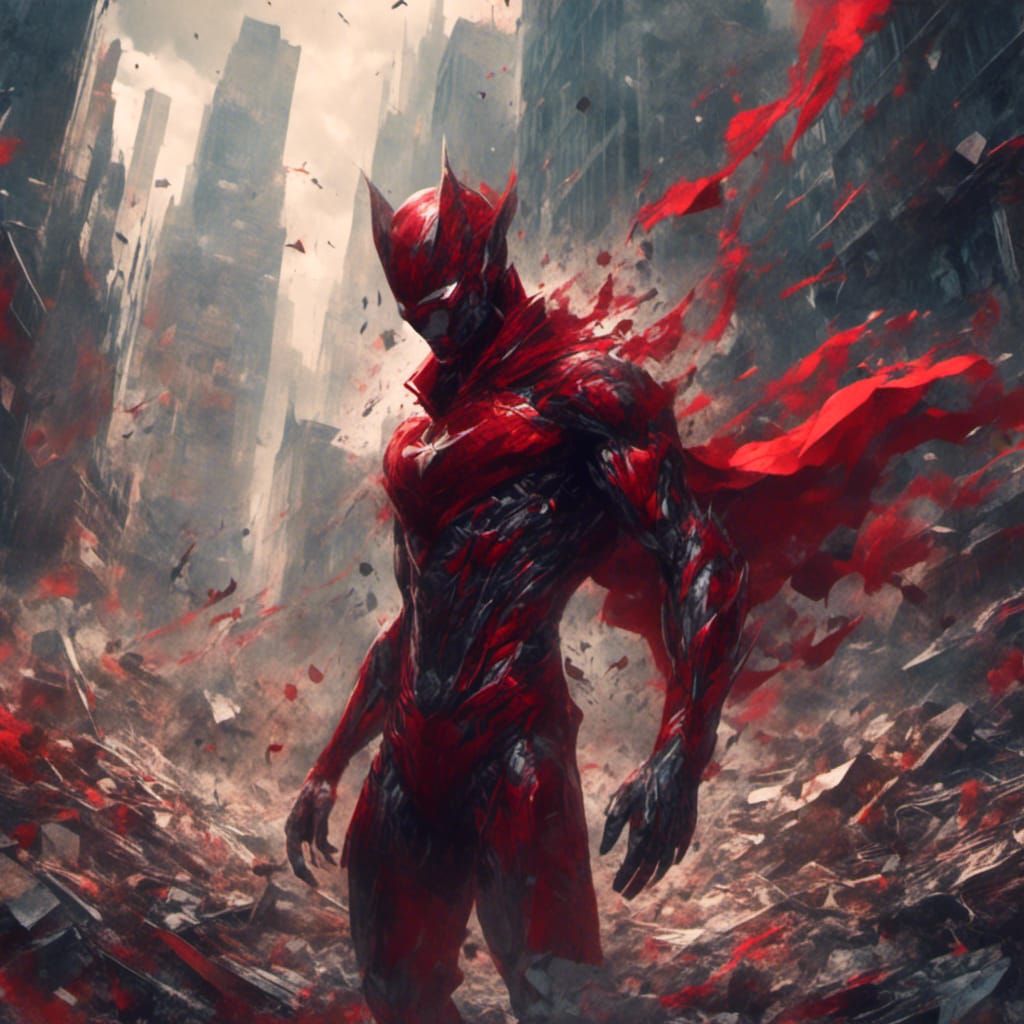 Dark Fantasy Superhero Landing in a Destroyed City