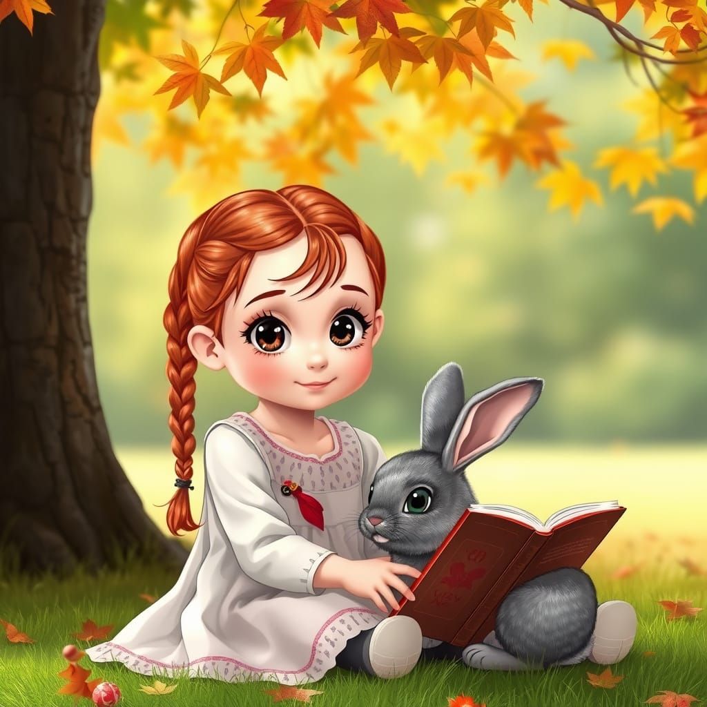 Girl Reading to Bunny Under Maple Tree