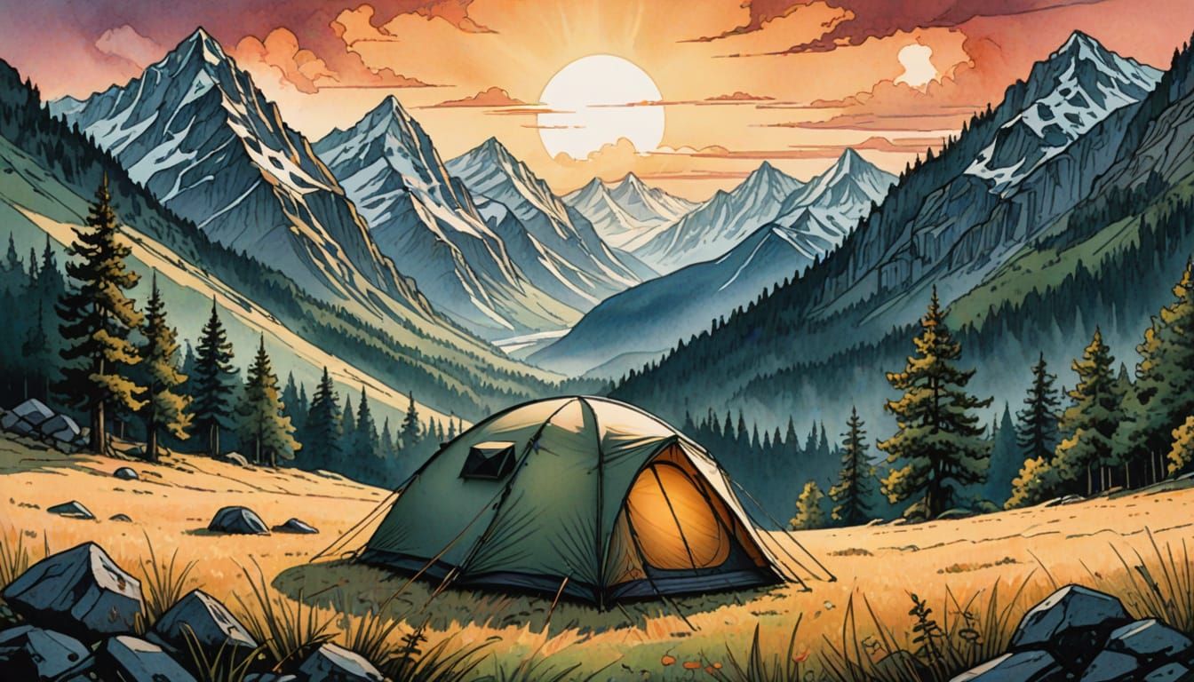 Stylized Watercolor Tent Amidst Misty Mountains