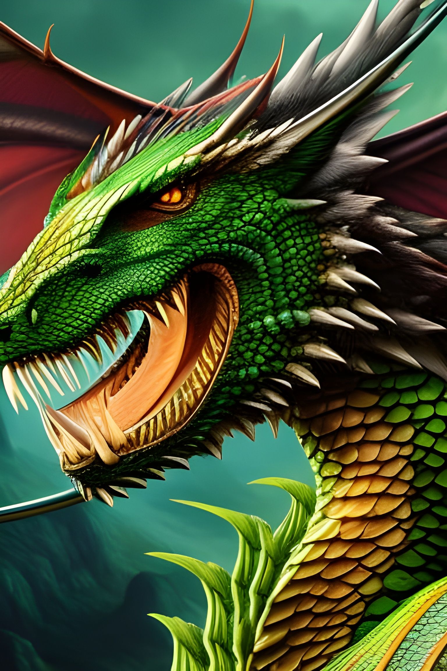 Adult Green Dragon in Fantasy Landscape