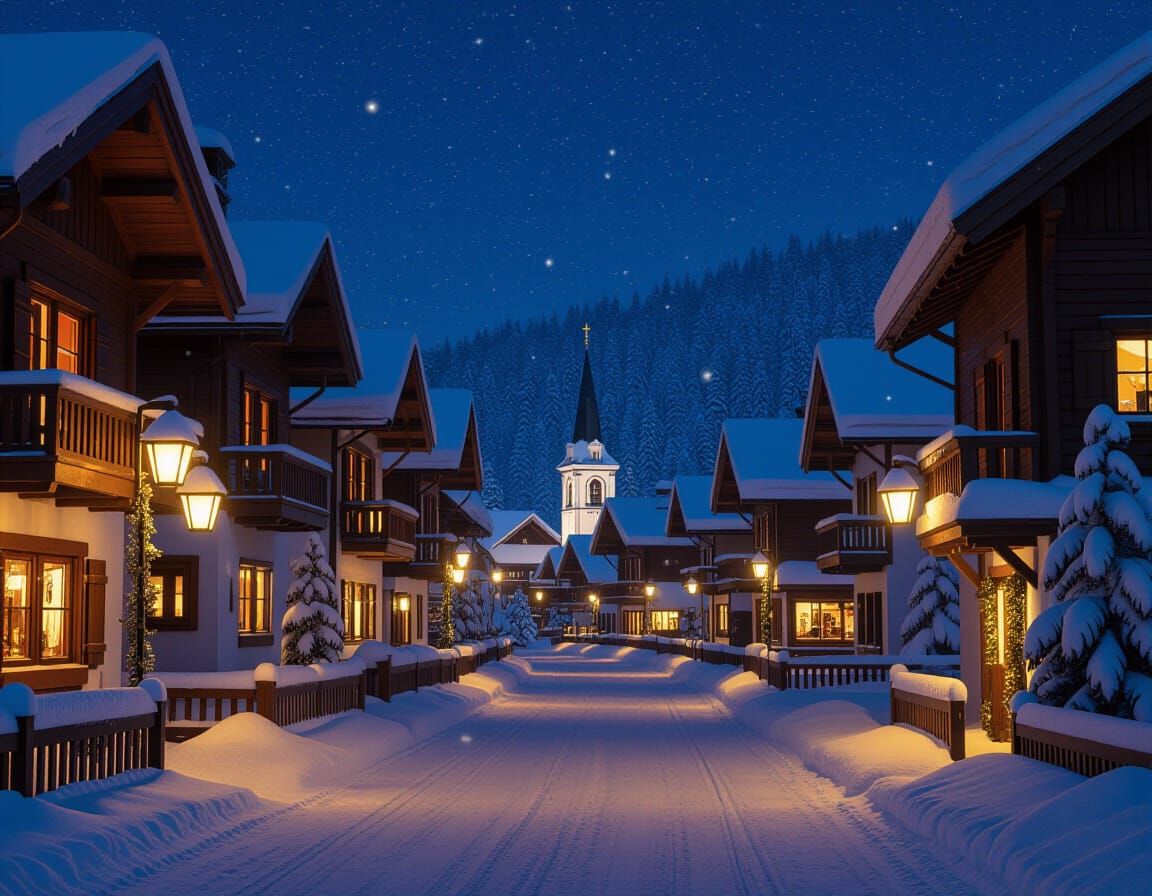 Cozy Snowy Alpine Village With Glowing Lanterns At Night