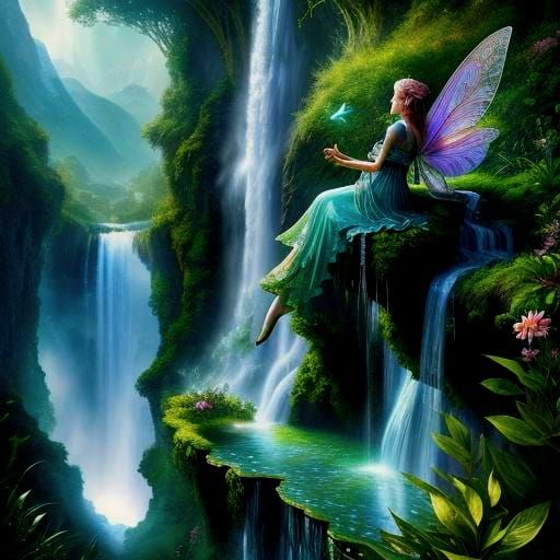 Fairies by Waterfall: Detailed Digital Matte Painting