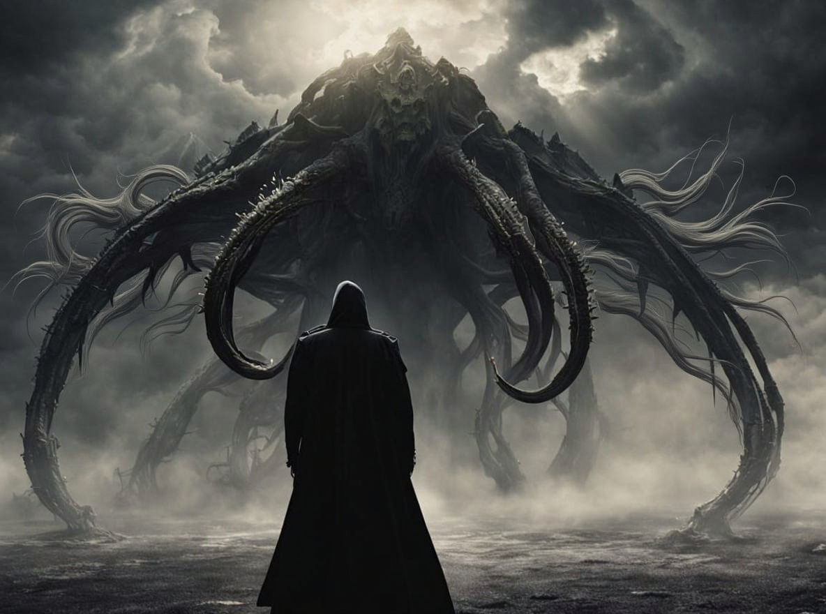 Eldritch Monstrosity Encountered by Trench Coated Figure