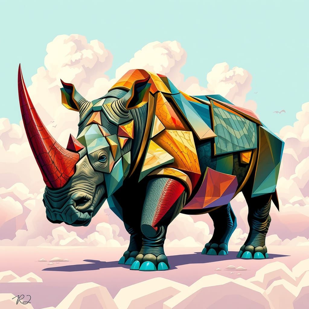 Majestic Rhino in Cubist Fragmentation