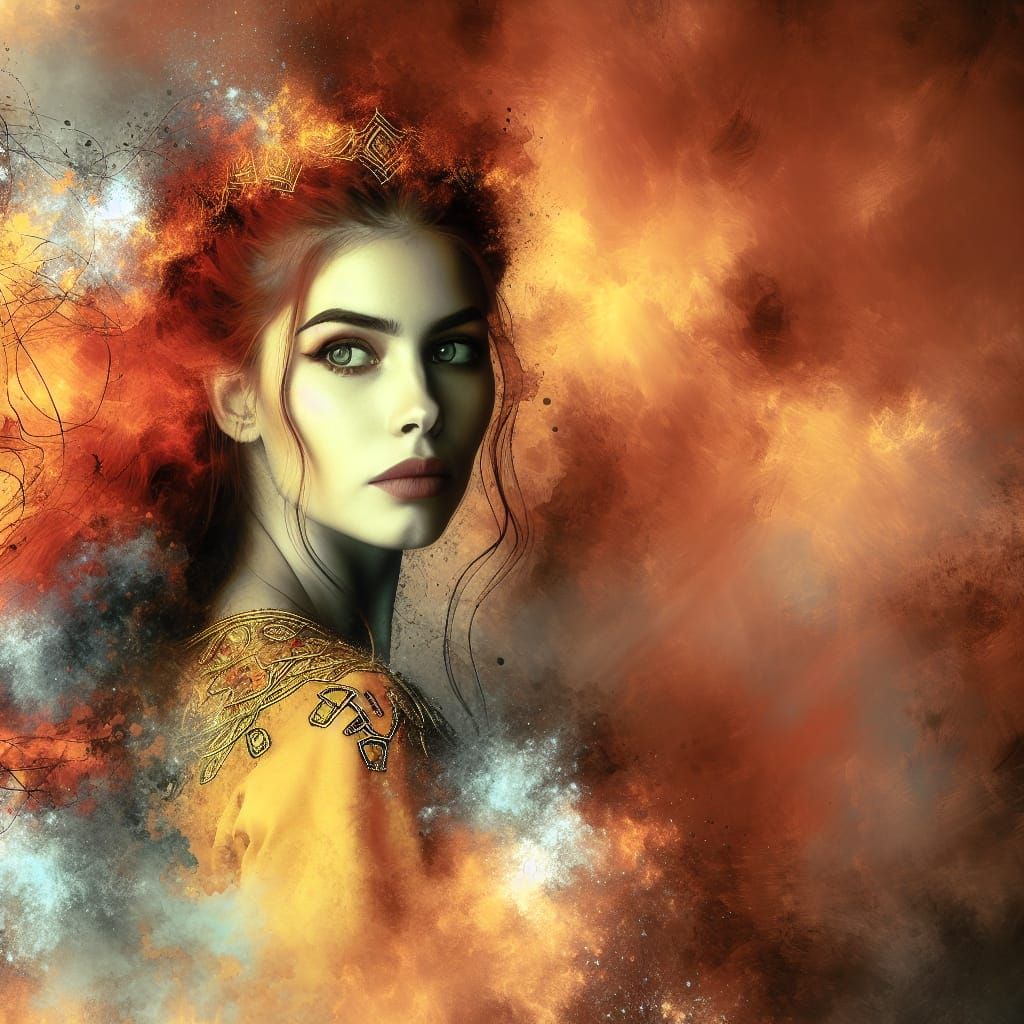 Vibrant Norse Goddess in Ethereal Orange Mist