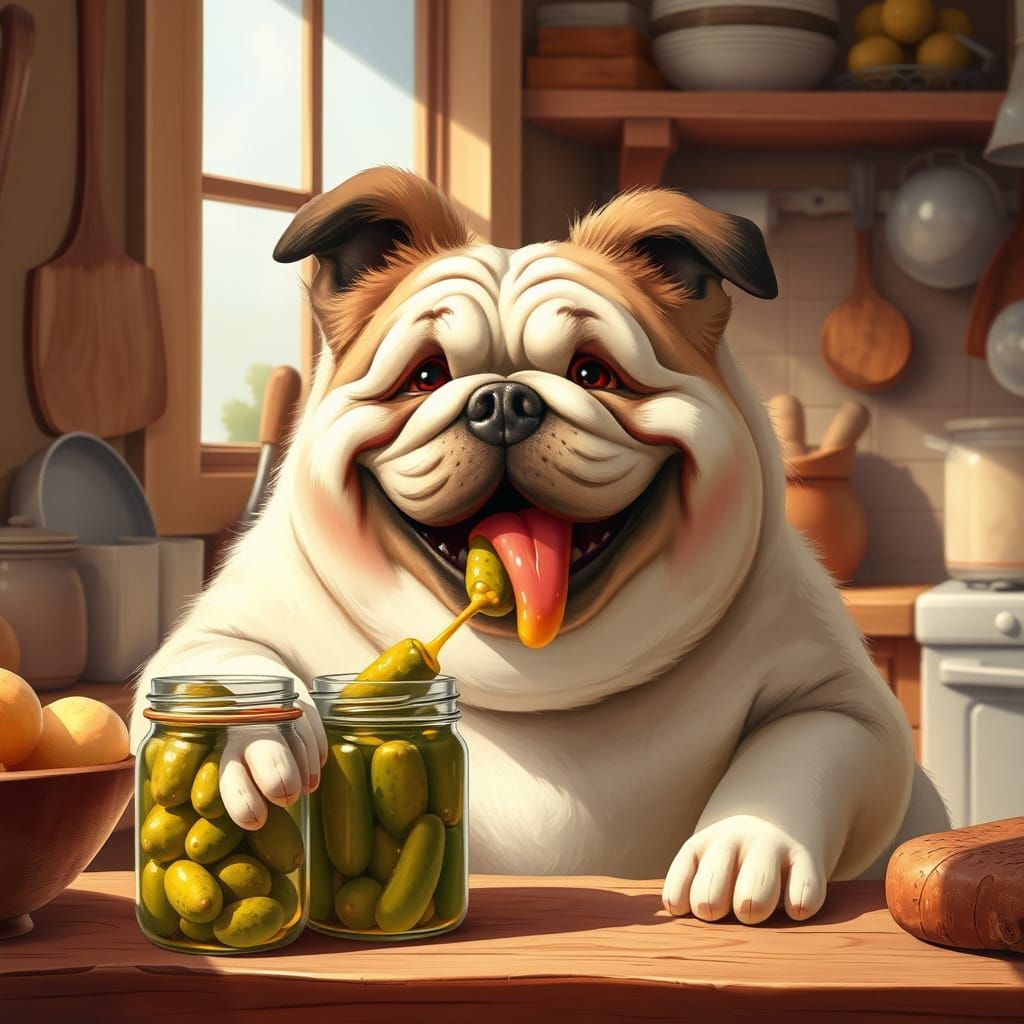 Cheerful Dog Devours Pickle Jar in Warm Kitchen