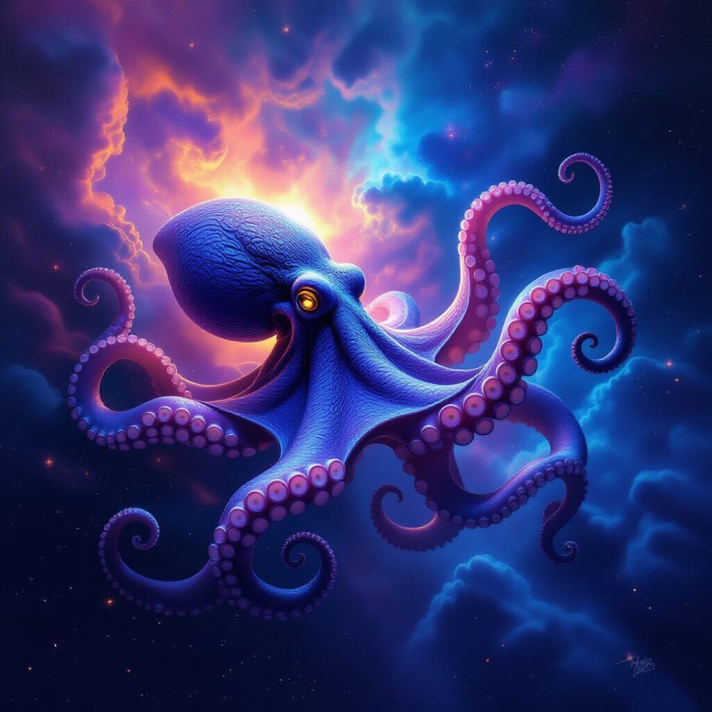Colossal Bioluminescent Octopus in Cosmic Nebulae