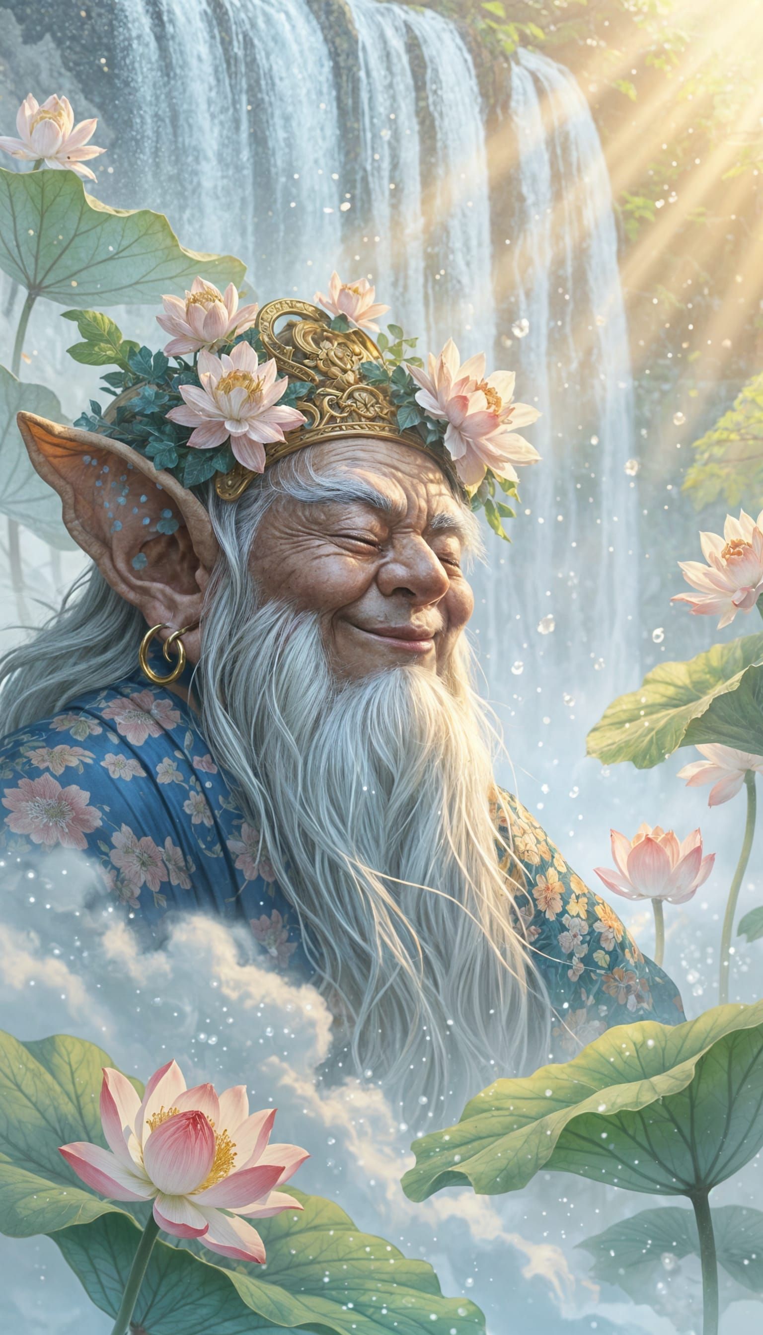 Wise Goblin Smiles in Golden Hour Waterfall Mist