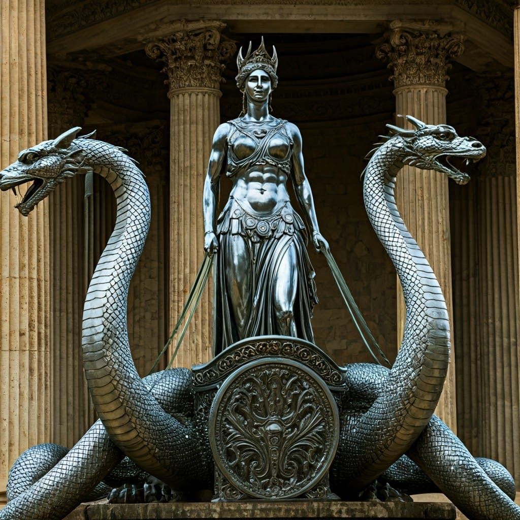 Ancient Greek Goddess on Serpent-Dragon Chariot in Chrome