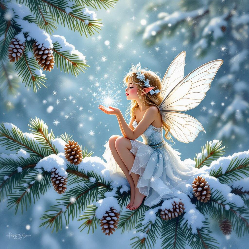 Fairy in Snowy Cedar Tree, Watercolour Art