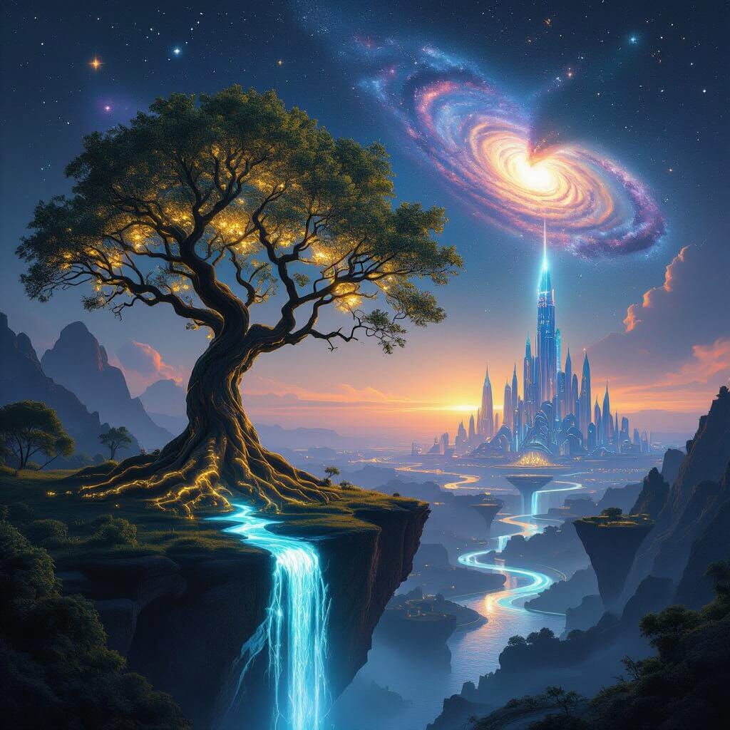 Bioluminescent Tree Overlooks Neo-Futuristic City