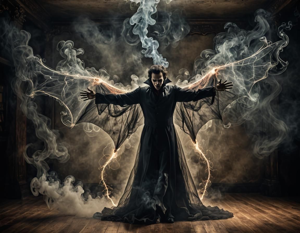 Surreal Vampire Silhouette in Smoke and Electricity