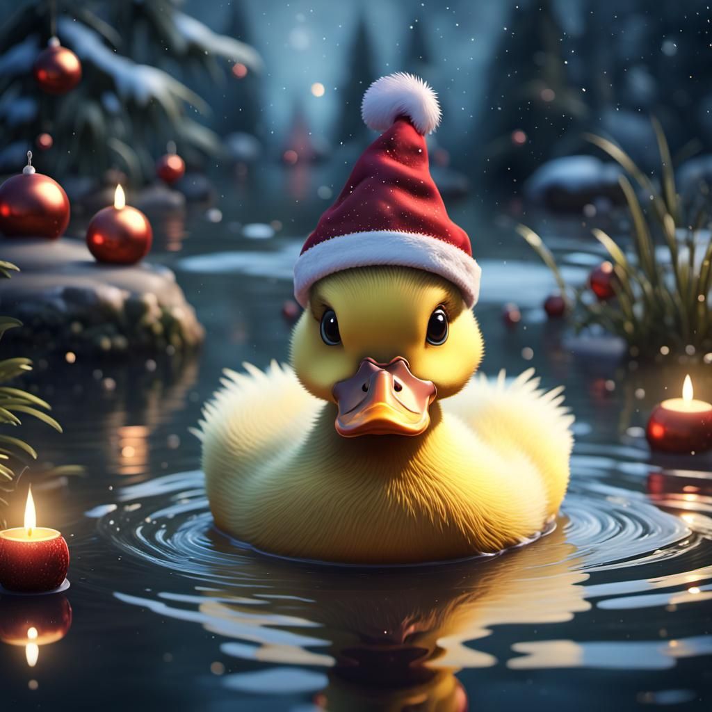 Cute Duck in Pond with Christmas Hat